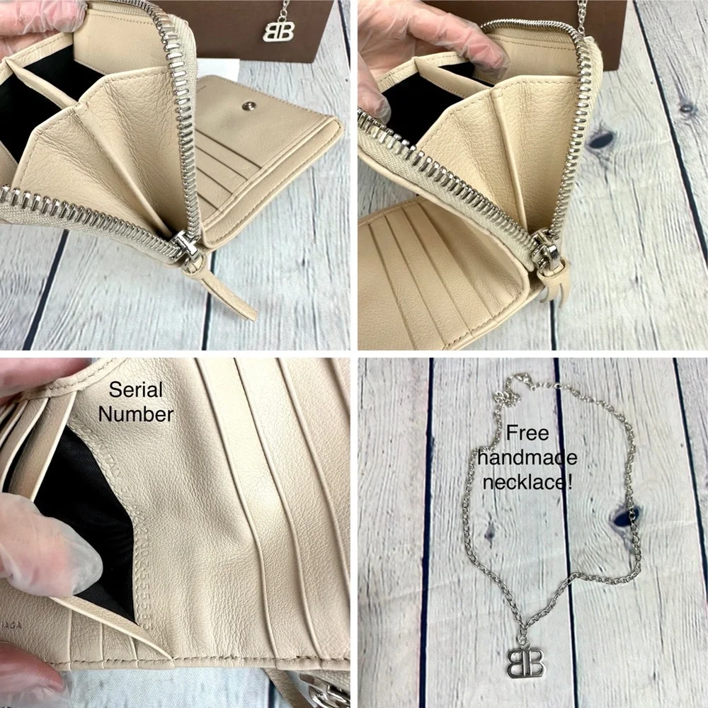 Balenciaga Beige Leather bifold compact zippy wallet with necklace GREAT! - Picture 13 of 16